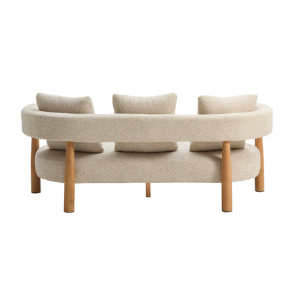 Christopher Knight Home Yulez Curved 3-Seater Sofa Couch with 3 Accent Pillows, Boucle Fabric Upholstered Lounge Seating, 76.5'' Home Office Bedroom Sofa Chair, Comfy Wooden Frame Sofa, Sesame Beige