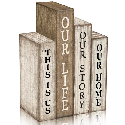 Lineshading 4 Pcs Farmhouse Table Decor Wooden Rustic Our Home Our Story Life Table Centerpiece Farmhouse Book Stack Block Sign for Tabletop Shelf Tiered Tray Desk Living Room Fireplace Home