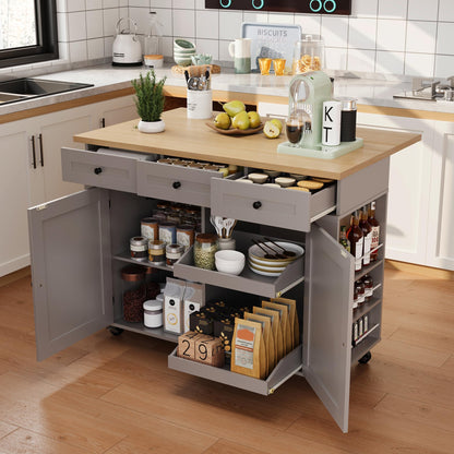 IDEALHOUSE Rolling Kitchen Island with Drop Leaf Countertop, Charging Station & Ample Storage - 47.2" Mobile Kitchen Cart On Wheels with Pull-Out Shelves, Drawers, Spice Rack & Organizer Divider