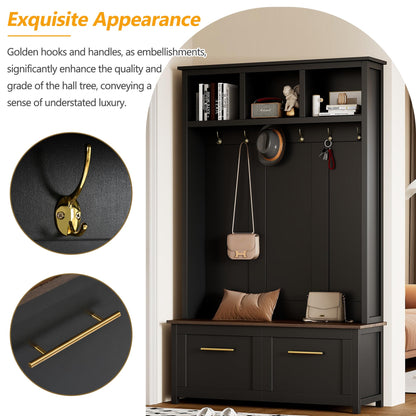 Merax 4-in-1 Hall Tree with Bench, Modern Versatile Multiple Storage Space with 6 Golden Hooks, 2 Drawers, Entryway Coat Rack for Living Room, Hallway, Black