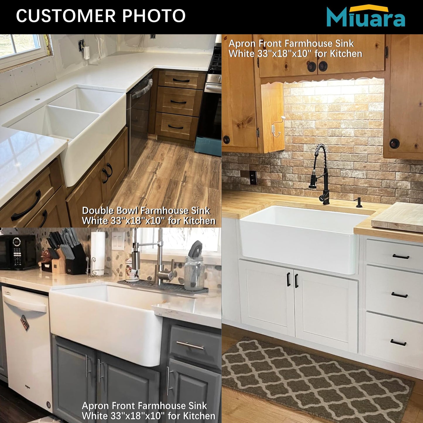 Miuara Farmhouse Sink Double Bowl 33 Inch - White Apron Front Kitchen Sink Reversible 33"x18", Undermount Farm House﻿ Style Dual Basin 50/50, Heavy Duty Solid Fireclay, for Kitchen