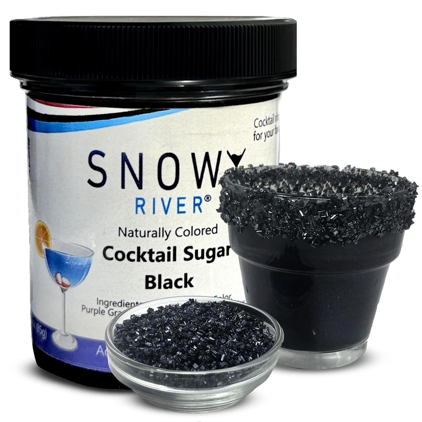 Rimmer Rimming, 3oz Snowy River Black, Cocktail & Margarita Sugar - Vibrant Naturally Colored Sugar for Cocktail Baking