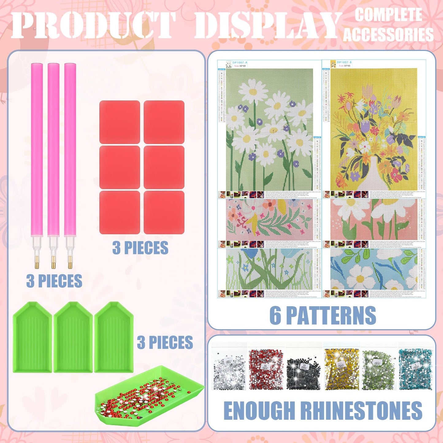 Trandraft 6 Pcs Diamond Art Paintings Kits 12 x 16 Inch Floral Diamond Art Accessories for Adults Wild Flowers Gem 5D DIY Crafts Aesthetic Wall Decor for Home