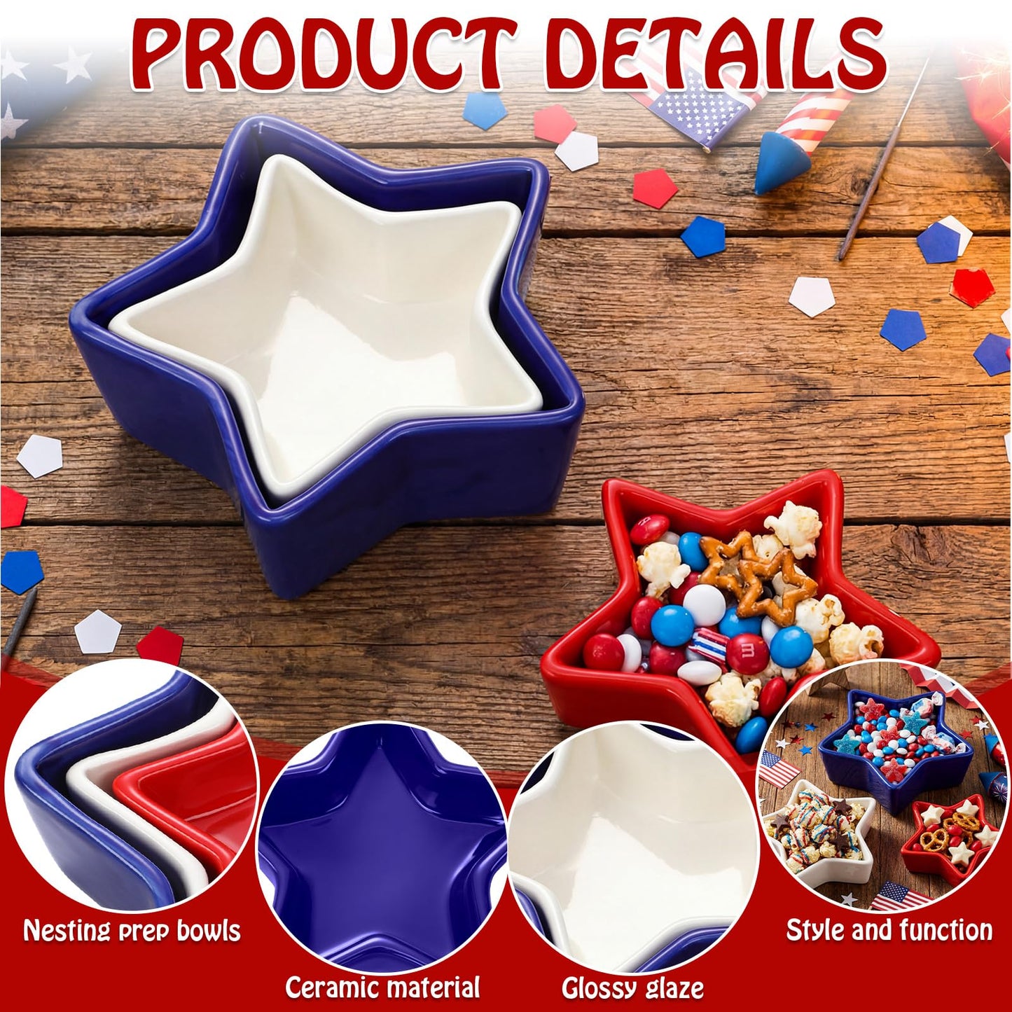 Yungyan 3 Pcs 4th of July Serving Bowls Red White Blue Patriotic Star Shaped Ceramic Nesting Prep Bowls Set 3-Size Serving Dishes for American Independence Day Memorial Day Summer BBQ Kitchen Dining