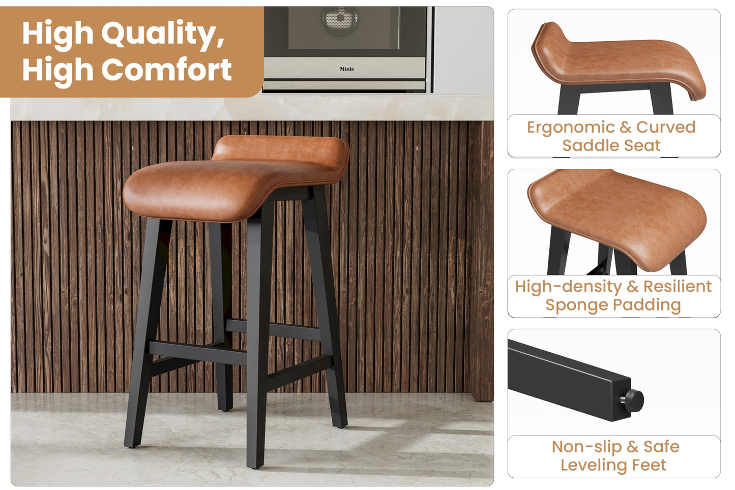 GarveeHome 26.2" Bar Stools Set of 4, Modern Upholstered Kitchen Stools with Low Back and Footrest, Counter Height Bar Stools with Wood Legs, for Kitchen Counter, Dining Room, Brown