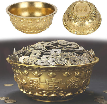 Brass Treasure Bowl Feng Shui Ornaments, Wealth Good Luck Prosperity Bowl Craft Collectible Figurines for Home Office