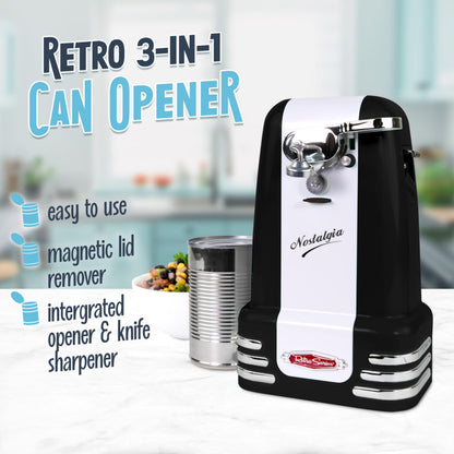 Nostalgia Retro Electric Can Opener for Kitchen with Magnetic Lid Remover, Knife Sharpener, and Soda or Beer Bottle Opener, Black