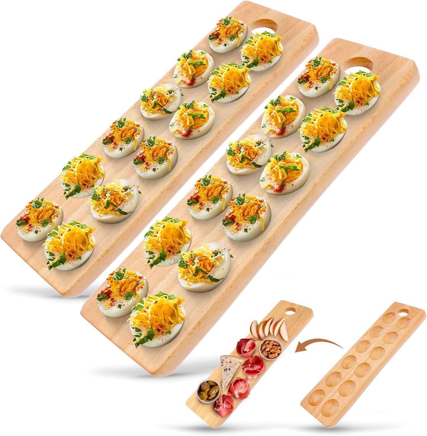 Namre' 2 Pack 24 Easter Deviled Egg Tray Wooden Deviled Egg Plate and Holder for Eggs, Reversible Serving Platter