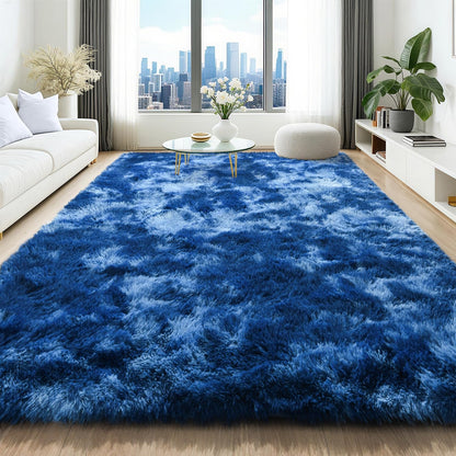5x8 HQAYW Area Rugs for Living Room, Tie-Dyed Navy Blue Ultra Soft Fluffy Washable Non-Slip Rug, Plush Shaggy Modern