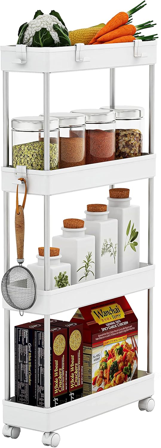 4 MELDEVO Tier Slim Storage Cart Mobile Shelving Unit Organizer Slide Out Storage Rolling Utility Cart Tower Rack