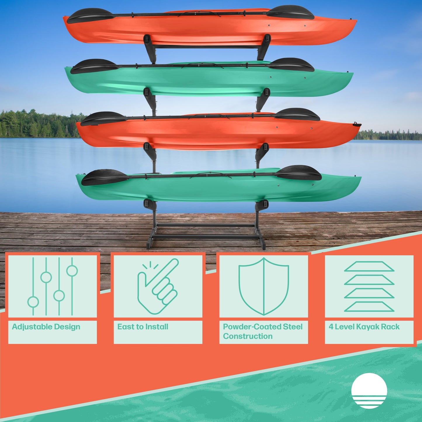 RAD Sportz Kayak Storage Rack - 4-Level Freestanding Adjustable Stand with Padded Arms and 400lb Capacity for Canoes, SUP, or Paddleboards (Black)