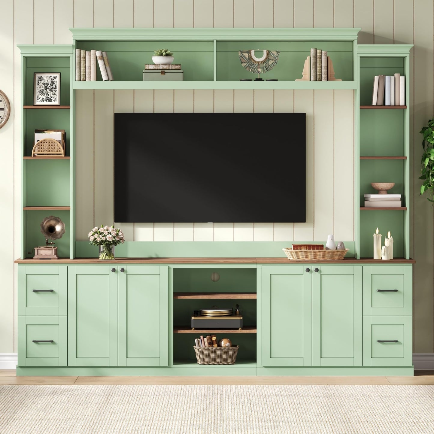 Ball & Cast 94.8" Entertainment Center Wall Unit with Bookshelf for TVs Up to 70",Farmhouse Large TV Stand with Walnut Adjustable Shelves,Retro Media Console with 4 Drawers for Living Room,Mint Green