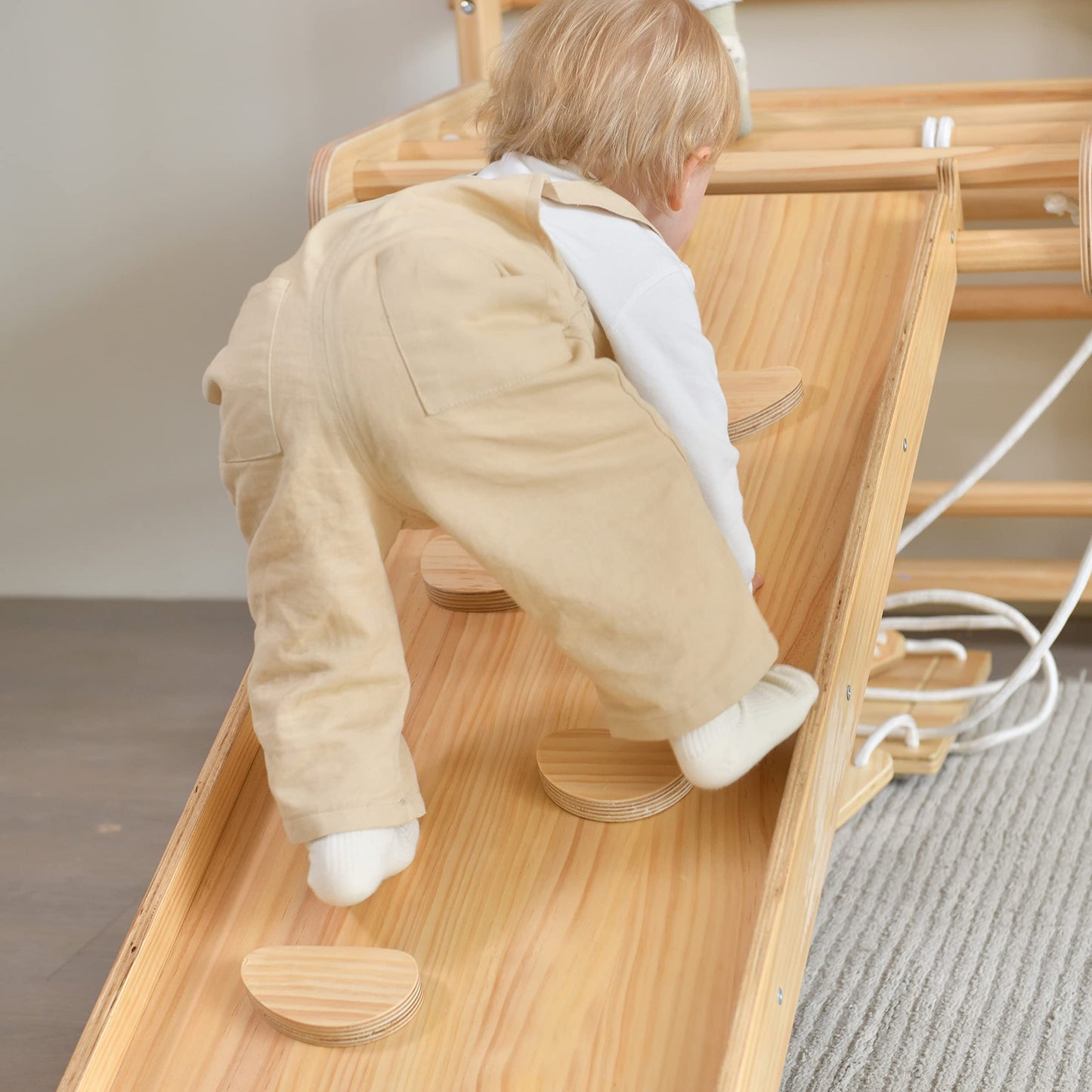 Avenlur Walnut 9-in-1 Swedish Ladder Wall Gym Set - 94.5 Inches - Trapeze Swing, Rope Ladder, Rock Wall, Rope Wall, Rock Ramp Climber, Slide, Pull-up Bar, Ladder and Swing