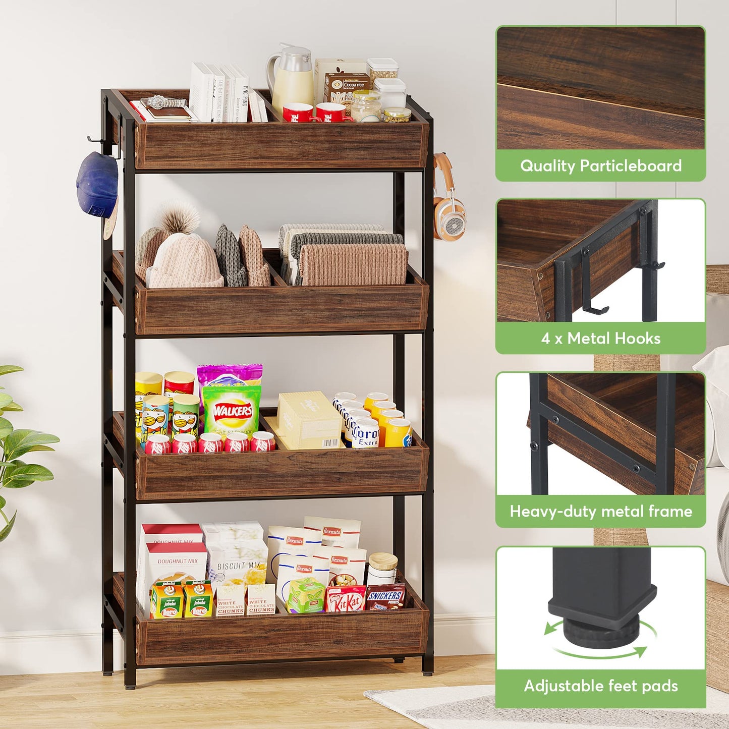 Tribesigns Wood Fruit and Vegetable Basket Stand Rack for Kitchen, Office, Store, Supremarket, Pantry Shelf Unit for Snacks, 4-Tier Wooden Utility Storage Shelves Set of 2 (Brown+Black)