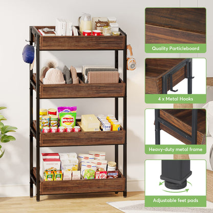 Tribesigns Wood Fruit and Vegetable Basket Stand Rack for Kitchen, Office, Store, Supremarket, Pantry Shelf Unit for Snacks, 4-Tier Wooden Utility Storage Shelves Set of 2 (Brown+Black)