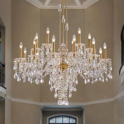 Duluyiee 18-Light Crystal Candle Chandelier, Brass Gold Chandelier for Foyer, Staircase & High Ceiling Living Room, Adjustable Height, E12 Base