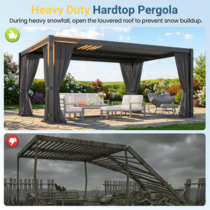 12' x 16' Louvered Pergola, Metal Outdoor Pergola with Adjustable Louvered Roof, Curtains & Netting, Gutter System, Hardtop Patio Gazebo for Patio, Deck, Garden, Yard, Dark Gray