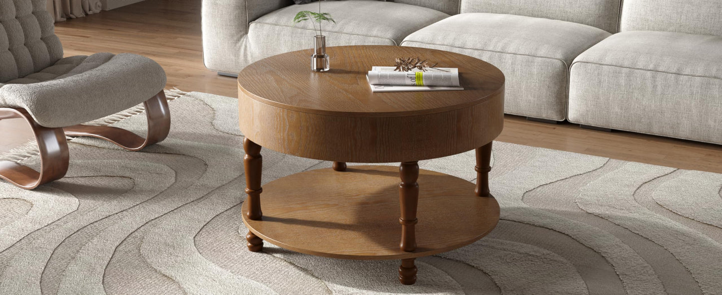 Hayzz Round Coffee Table with Storage 31.5 Inch, Modern Lift Top Accent Coffee Table with Hidden Compartment & Lower Shelf, Adjustable Leveling Feet, Easy Assembly for Living Room, Walnut Brown