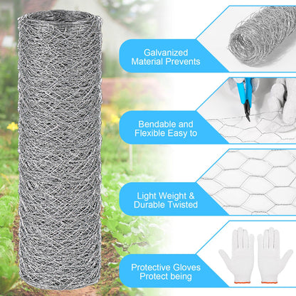 Chicken Wire Mesh 13.7 in x 157 in Silver Floral Chicken Wire Poultry Netting Hexagonal Galvanized PVC Coated Wire Mesh for Floral Arrangements Craft with 30 Zip Ties, Glove and Wire Cutting Pliers