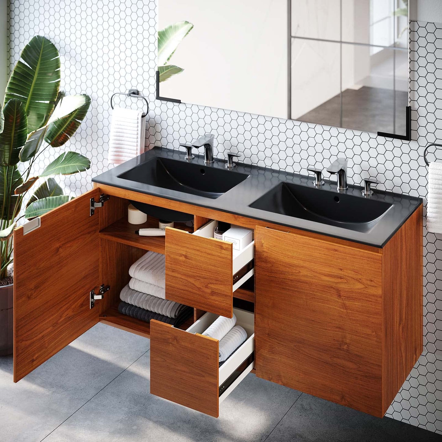 Modway EEI-5815-CHE-BLK Scenic 48" Double Wall-Mount Bathroom Vanity, Cherry Black