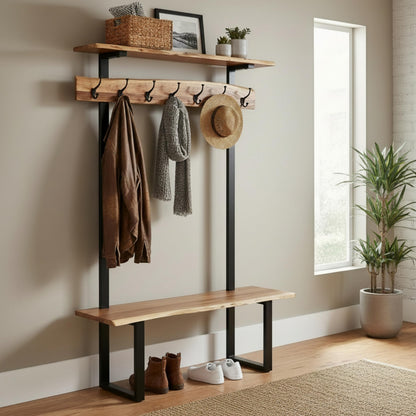 Alpine Live Edge Hall Tree with Bench and Coat Rack – Modern Rustic 48-Inch Solid Wood Entryway Organizer with Shelf, 7 Double Coat Hooks, & Bench for Mudroom or Foyer by Alaterre Furniture (Natural)
