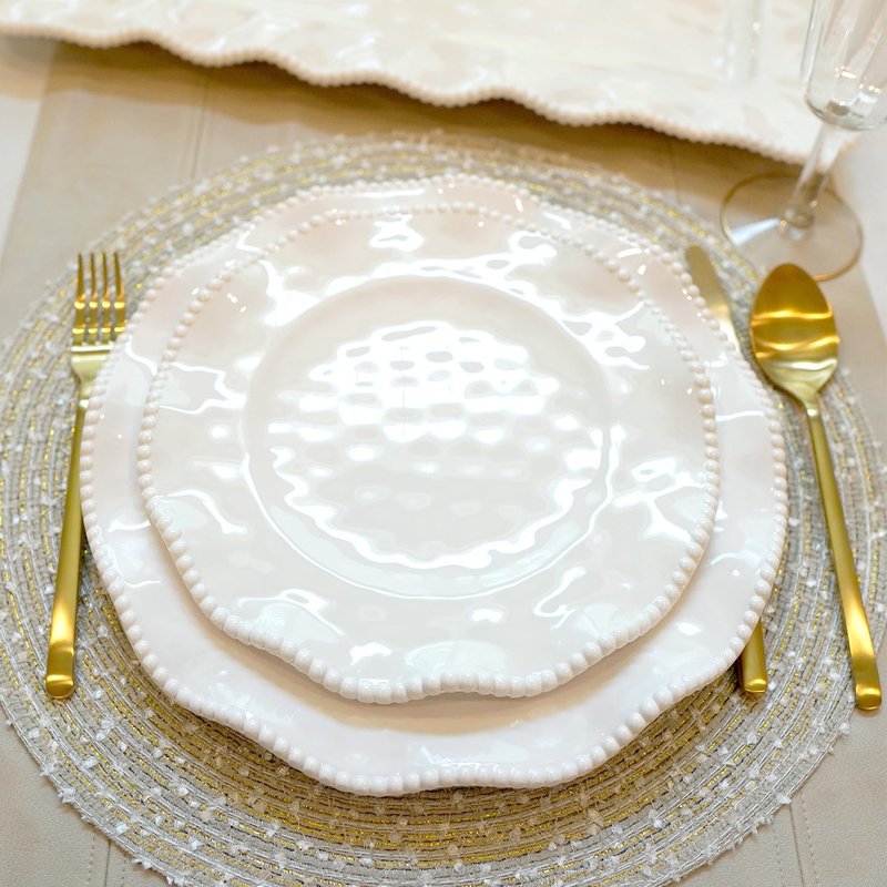 Perlette Off-White Beaded 12-Piece Dinnerware Set – Includes 4 Dinner Plates, 4 Salad Plates, 4 Bowls (7.5" x 2", 22 oz) – Elegant Unbreakable Melamine, Heavyweight, Perfect for Indoor/Outdoor Dining