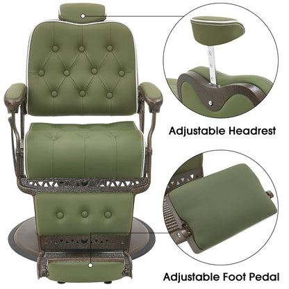 BarberPub Heavy Duty Metal Vintage Barber Chair All Purpose Reclining Hydraulic Pump Salon Beauty Spa Chair Hair Styling Equipment 9218 (Green)