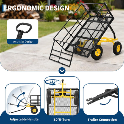 1500 lbs Steel Garden Cart, Folding Utility Wagon with Removable Sides, Garden Wagon Cart on Wheels, Dump Wagon with 13 in Tires180° and Swivel Handle, Yellow