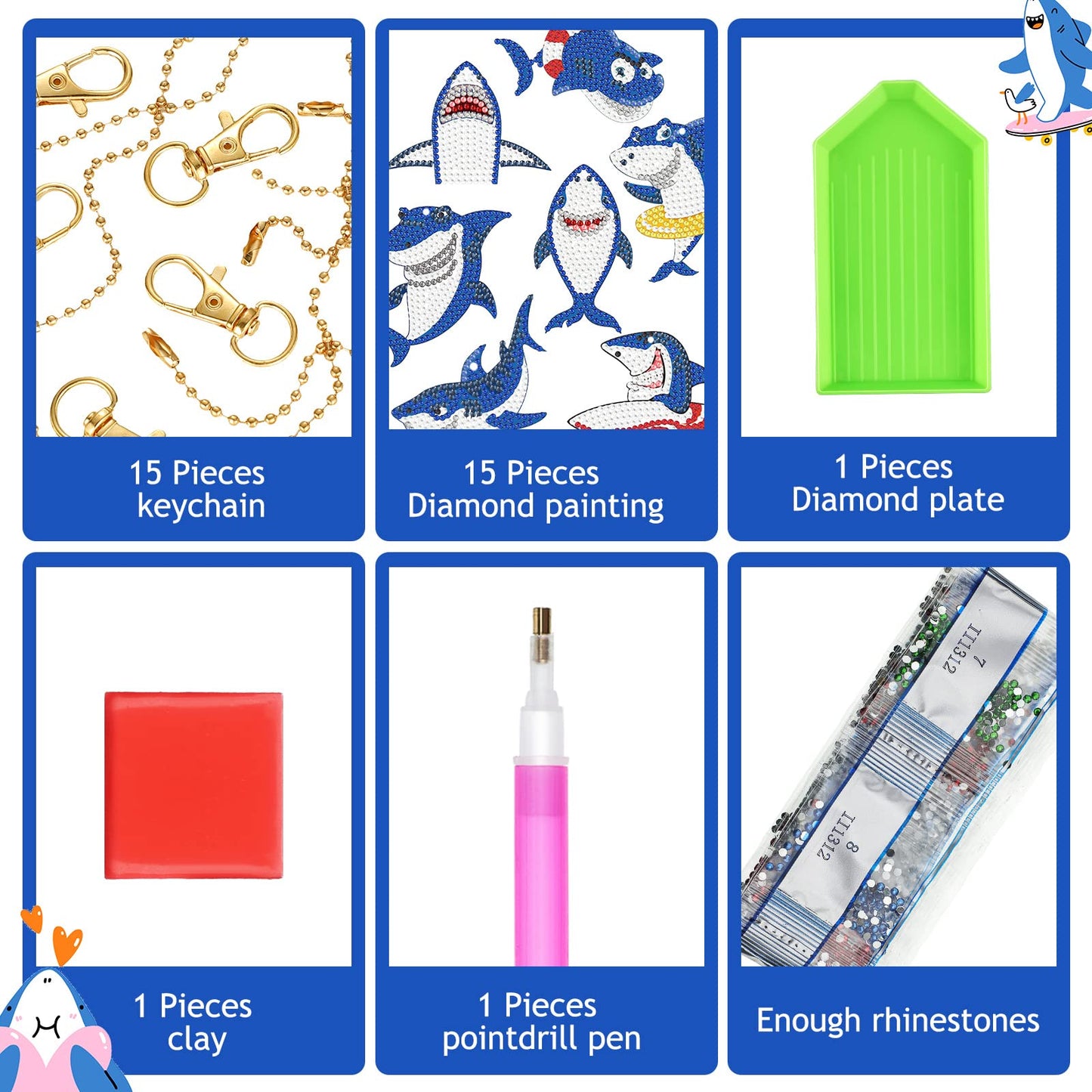 Henoyso 15 Pcs 5D Diamond Painting Keychains DIY Shark Diamond Art Keychain Kit for Kids Boys Girls Adult Mosaic Full Drill Pendant Phone Charm Bag Pendant Accessory Arts Crafts