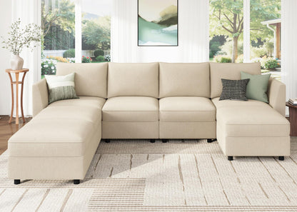 HONBAY Modular Sofa U Shaped Sectional Couch with Storage, Convertible Modular Sofa 7 Seats Sectional for Living Room - Beige