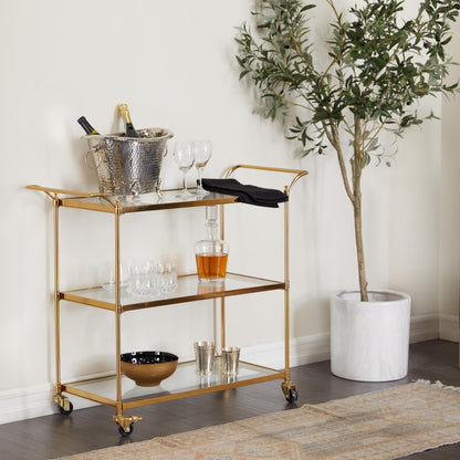 Deco 79 Metal Rolling 3 Glass Shelves Bar Cart with Lockable Wheels, 38" x 14" x 31", Brass