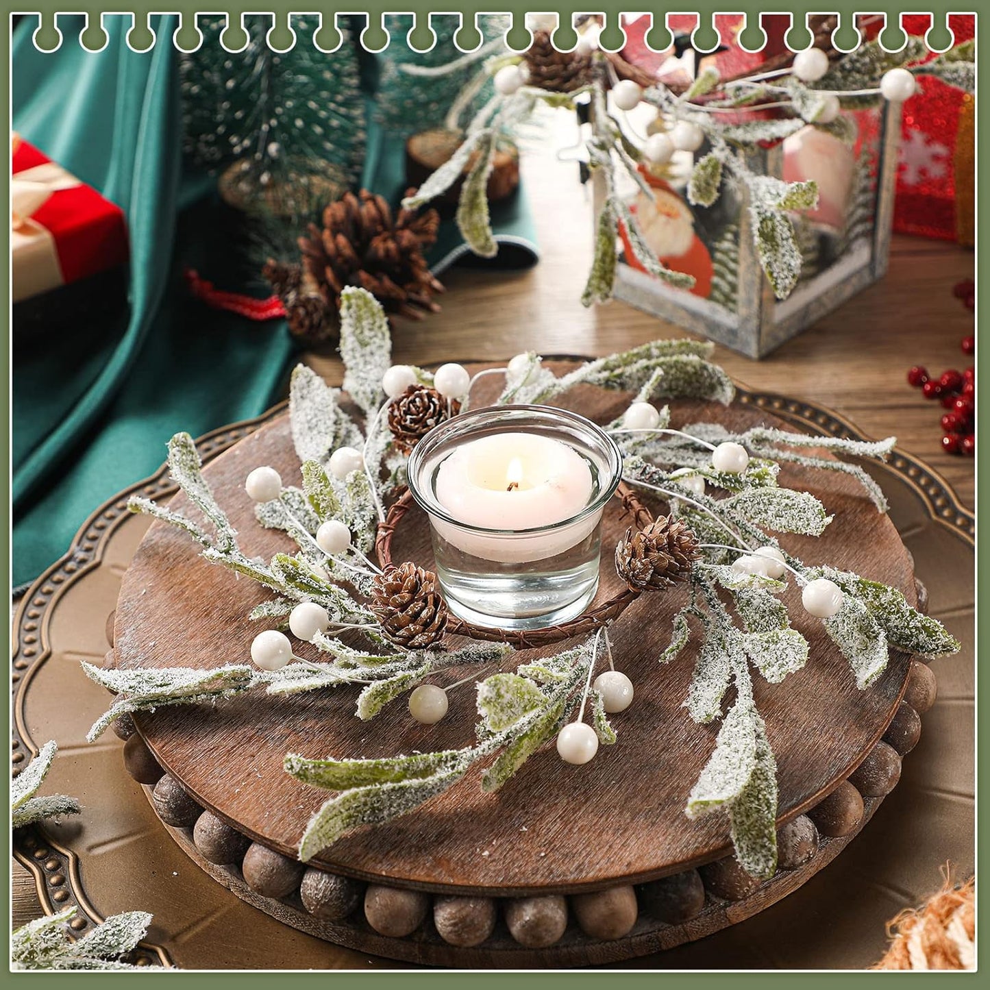 Skiennix Christmas Pillar Candle Rings - Frosted Mistletoe Wreaths with Pearl Accents | Set of 6 for Holiday Decor