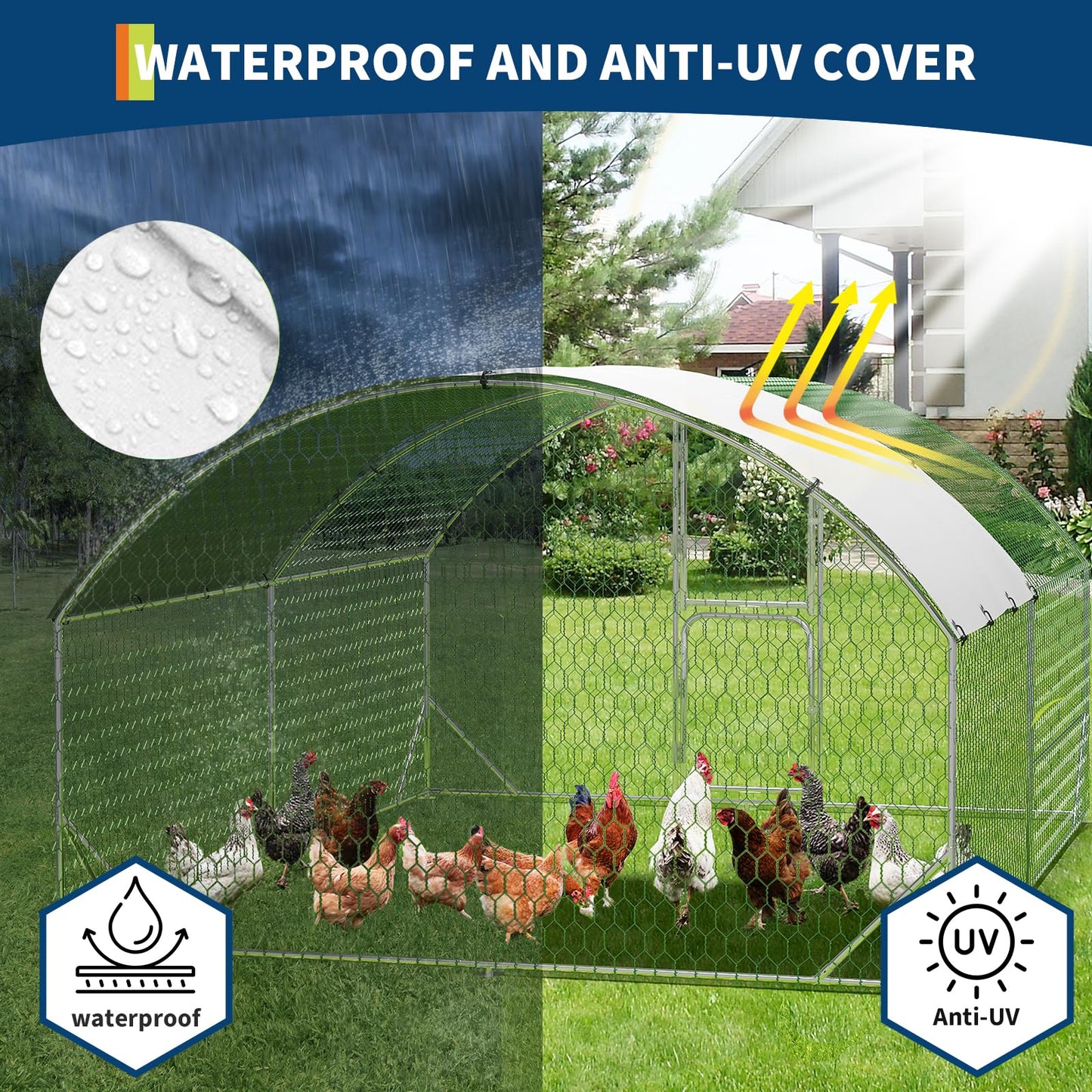 Large Metal Chicken Coop, Chicken Runs for Yard with Cover, Large Chicken Run with Double Door and Upgrade Tri-Supporting, for Outdoor Farm Yard (9.8'L x 13.1'W x 6.6'H)