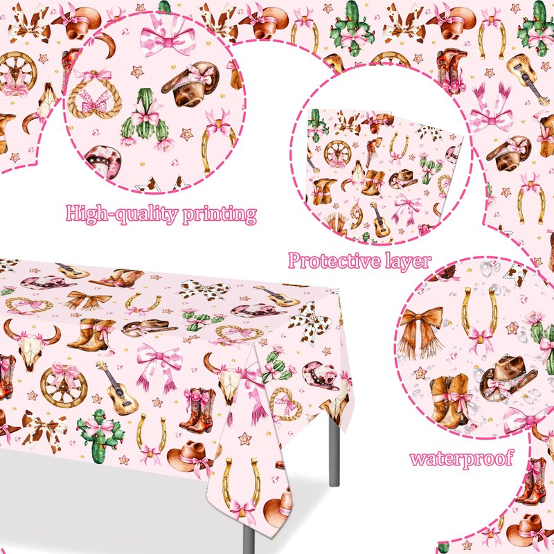 umoni Cowgirl Party Supplies Pink Western Cowgirl Tablecloth 2PCS Coquette Cowgirl Party Supplies Tablecover Disposable Wild West Guitar Bow and Boot Table Cover for Birthday Baby Shower Decor