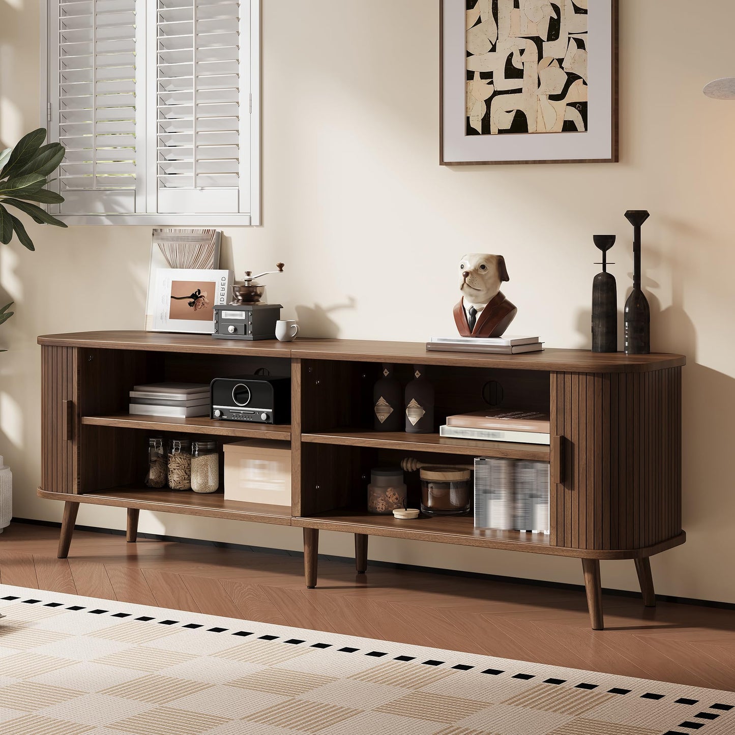 Merax 70 Inch Mid Century Modern TV Stand for TVs up to 80", Fluted Entertainment Center with Ample Storage & Sliding Doors, Curved Design Media Console for Living Room, Solid Wood Legs, Walnut