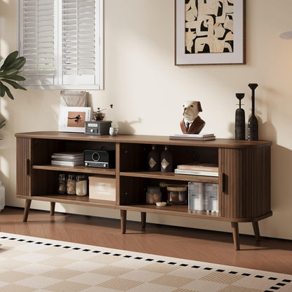 Merax 70 Inch Mid Century Modern TV Stand for TVs up to 80", Fluted Entertainment Center with Ample Storage & Sliding Doors, Curved Design Media Console for Living Room, Solid Wood Legs, Walnut