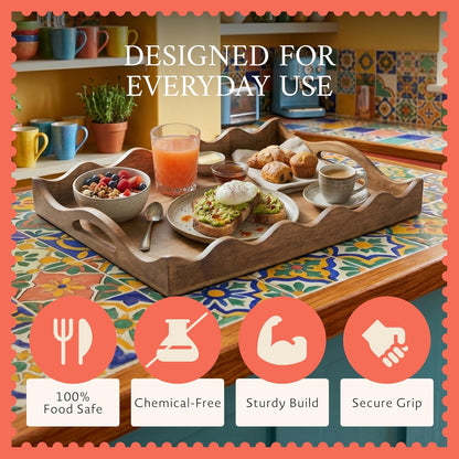 16" 12 2.5 Mela Artisans Ottoman Wooden Serving Tray | Large, Scallop White Burnt | Decorative Mango Wood | Serve