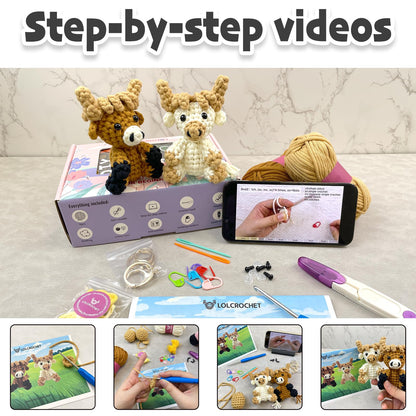 Elephant Crochet Kit for Beginners, Learn to Crochet Starter Set with Step-by-Step Video Tutorial & Crocheting Manual, Easy Yarn Knitting Project for Adult & Kid 12+, Stuffed Animal Doll for Xmas Gift