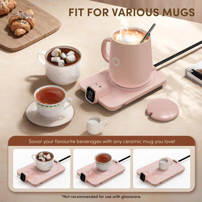 Coffee Mug Warmer Set, Temperature Control Smart Heated Mug for Desk, Electric Coffee Warmer with Auto Shut Off & Real-Time Temp Display, Gifts for Men Women, 15oz, Beige