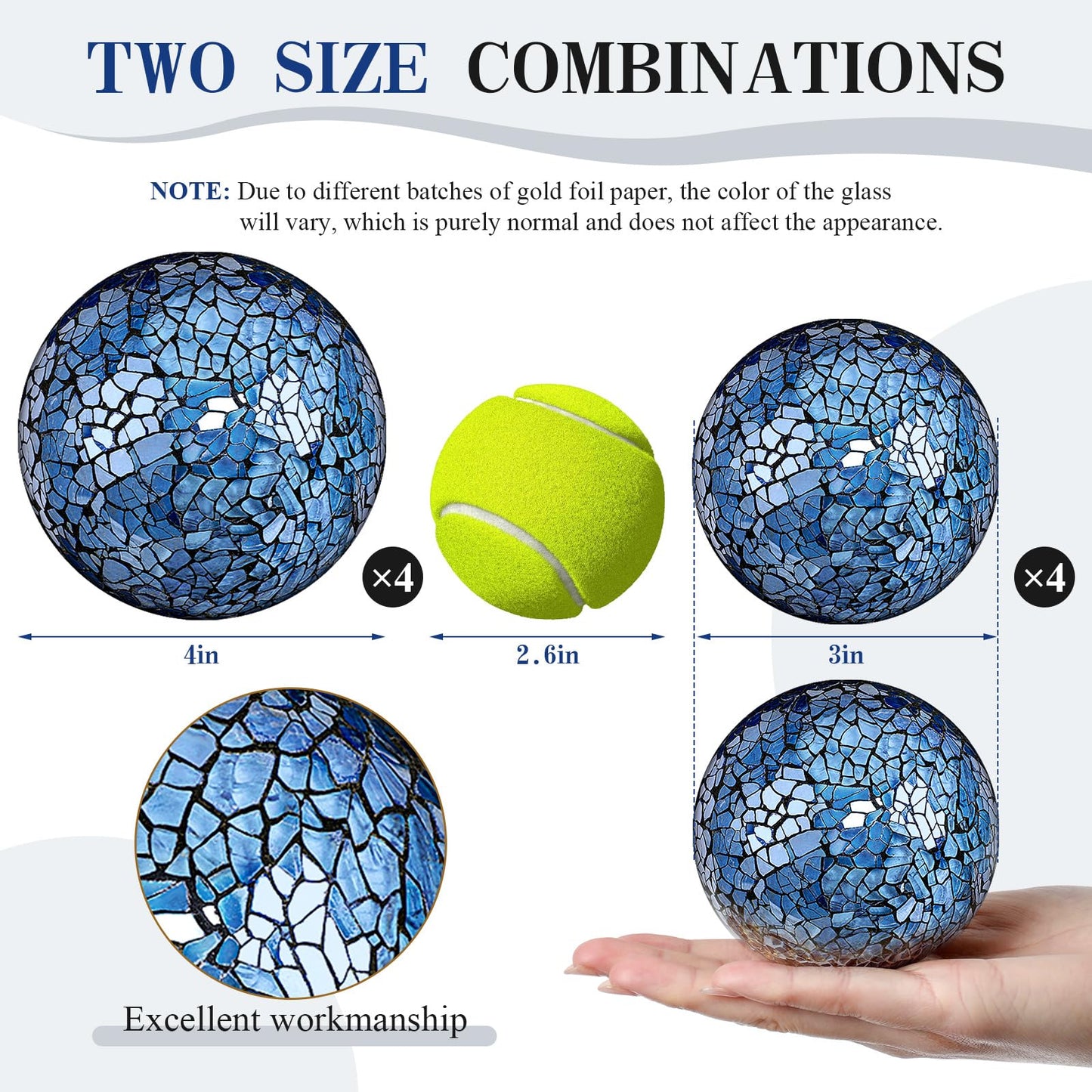 Qinyoung Blue 8 Pcs Decorative Ball for Bowls, 3'' 4'' Glass Mosaic Sphere Decorative Orbs for Centerpiece Bowls Vase Fillers, Wedding, Party, Coffee Table & Home Decor