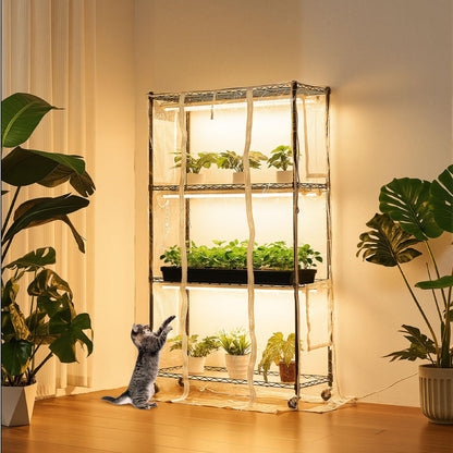 VEVOR Indoor Greenhouse with Grow Light, 59 in Tall 4-Tier Plant Stand with Clear Cover, Timer & Hygrometer, 180W Full Spectrum Grow Lights, Metal Lighted Plants Shelf Holder for Indoor Plants