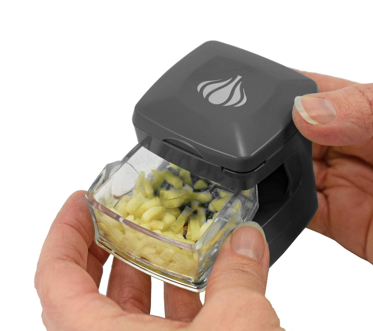 Kitchen Innovations Garlic-A-Peel Garlic Press, Crusher, Cutter, Mincer, and Storage Container - Includes Silicone Garlic Peeler - Easy to Clean - Stainless Steel Blades – (Grey), standard