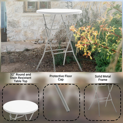 BTEXPERT White 32" Round 43" Bar Height Granite Folding Commercial Portable Banquet Card Plastic Coffee Dining Table for Wedding Party Coffee Event Home Kitchen Indoor Outdoor Set of 10