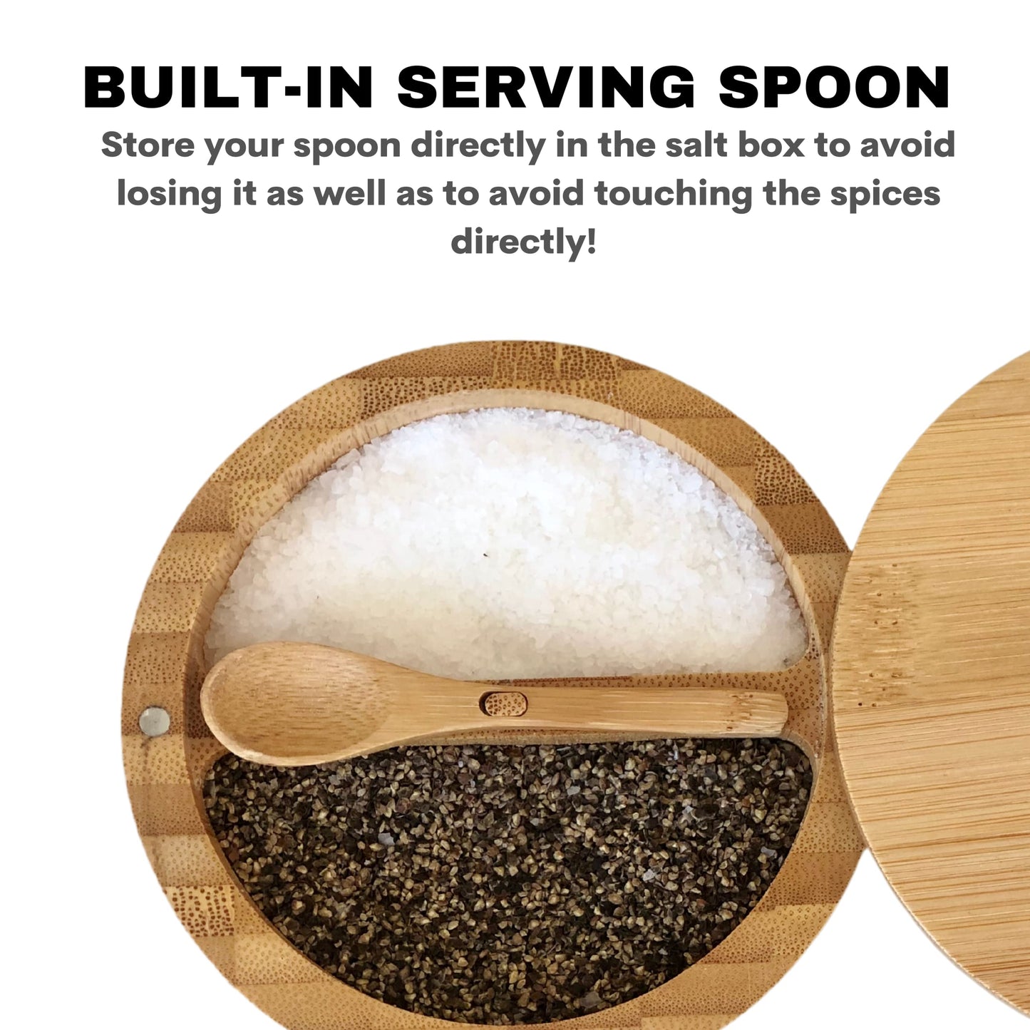 Bamboo Salt and Pepper Box - 2 Compartment - Built-in Serving Spoon - Swivel Lid with Magnet to Keep Dry, Dust-free - Salt Cellar Seasoning Container Holder Bowl- Divider with 7 Ounce Capacity