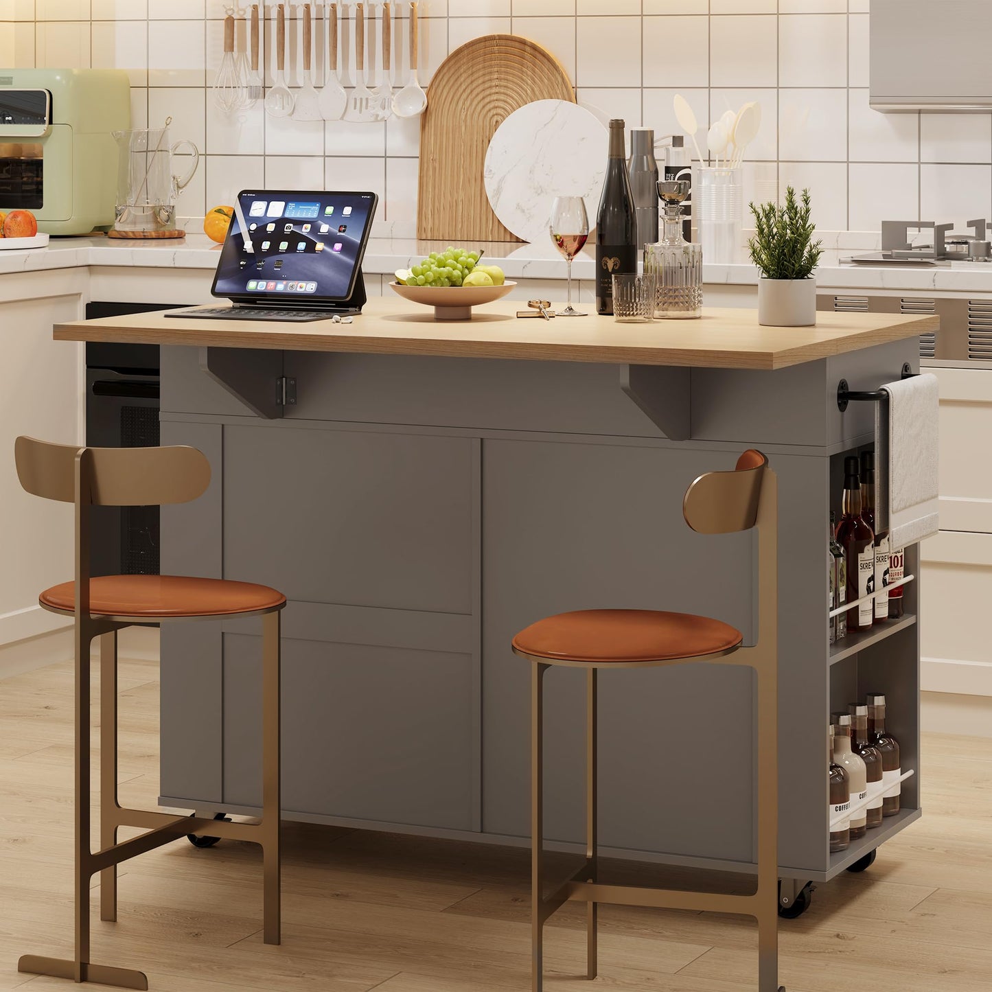 IDEALHOUSE Rolling Kitchen Island with Drop Leaf Countertop, Charging Station & Ample Storage - 47.2" Mobile Kitchen Cart On Wheels with Pull-Out Shelves, Drawers, Spice Rack & Organizer Divider