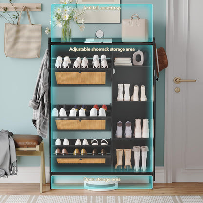 Shoe Storage Cabinet with 3 Flip-Down Doors, Rattan & Metal Frame Organizer, Adjustable Shelves, Narrow Freestanding Rack for Entryway Hallway, Tool-Free Assembly, Modern Farmhouse Decor, Black