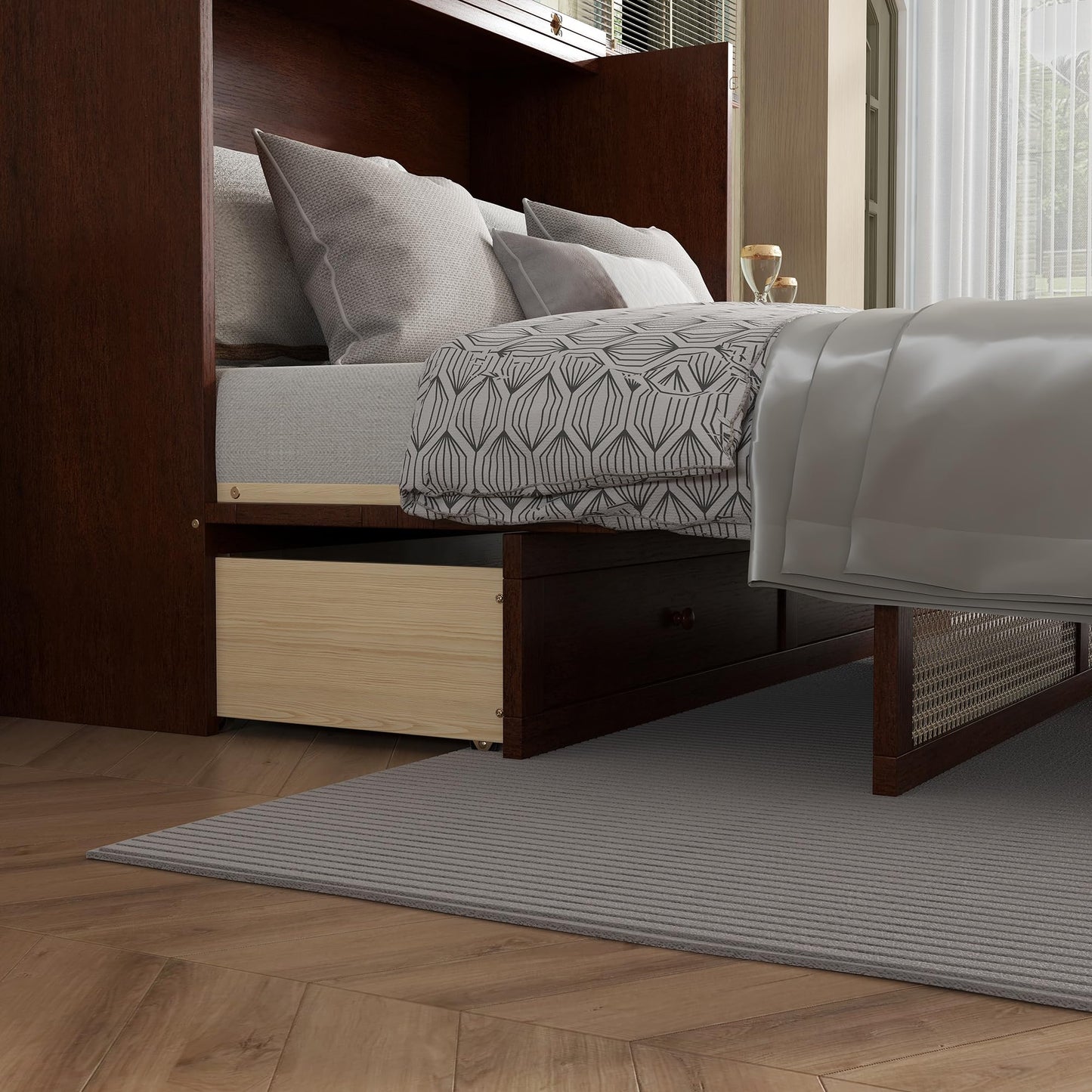 Queen Size Murphy Bed Cabinet with Rattan Panel,Pine Wood Cabinet Bed with Storage Drawer,Space-Saving Foldable Beds with Integrated Platform,Convertible Guest Beds for Bedroom Living Room,Walnut