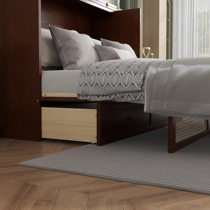 Queen Size Murphy Bed Cabinet with Rattan Panel,Pine Wood Cabinet Bed with Storage Drawer,Space-Saving Foldable Beds with Integrated Platform,Convertible Guest Beds for Bedroom Living Room,Walnut
