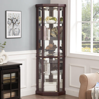 TRUNBACK Corner Curio Cabinet, 150lbs Heavy Duty Glass Display Cabinet with Light, 70" Tall 5-Tier Wine Bar China Cabinet with Tempered Glass Doors & Mirrored Back for Collectibles, Dark Cherry