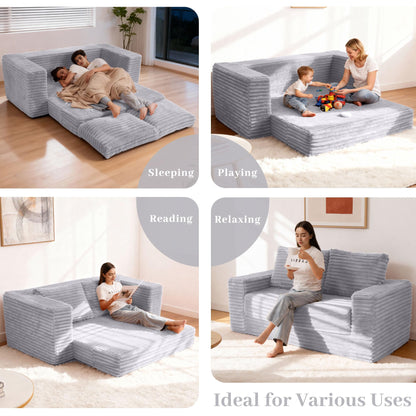 Kasunpul 62" Convertible Sofa Bed, 4 in 1 Folding Couch Bed with Corduroy Fabric & 2 Pillows, Pull Out Floor Couch for Living Room, Bedroom, Apartment (Light Grey)
